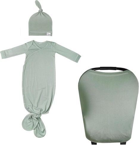 Copper Pearl Mommy & Me Bundle | Newborn Knotted Gown | Baby Beanie Top Knot Hat | Multi-Use Stretchy Baby Car Seat Cover Canopy and Nursing Cover | Briar in Saudi Arabia