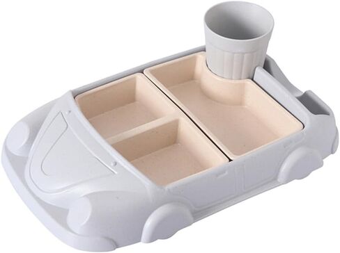 Toyvian Toddler Plate Divided Meal Tray, Car Shaped Plate Sections Dinner Dish with Cup Holder for Babies Kids Eating Food Grade Bamboo Fiber Platter for Child Blue in Kuwait