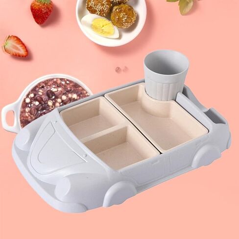 Toyvian Toddler Plate Divided Meal Tray, Car Shaped Plate Sections Dinner Dish with Cup Holder for Babies Kids Eating Food Grade Bamboo Fiber Platter for Child Blue in Kuwait