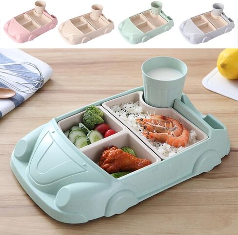 Toyvian Toddler Plate Divided Meal Tray, Car Shaped Plate Sections Dinner Dish with Cup Holder for Babies Kids Eating Food Grade Bamboo Fiber Platter for Child Blue in Kuwait