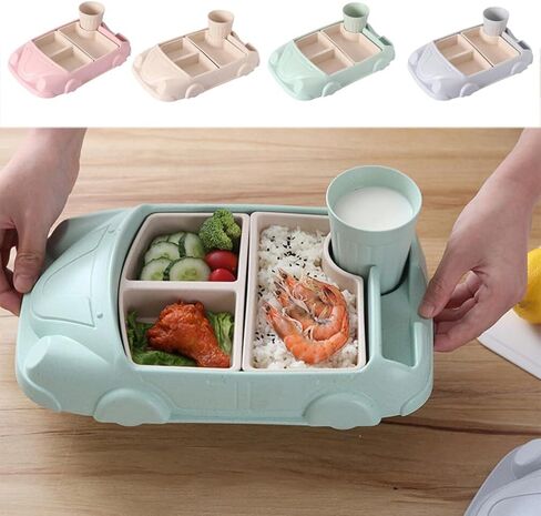 Toyvian Toddler Plate Divided Meal Tray, Car Shaped Plate Sections Dinner Dish with Cup Holder for Babies Kids Eating Food Grade Bamboo Fiber Platter for Child Blue in Kuwait