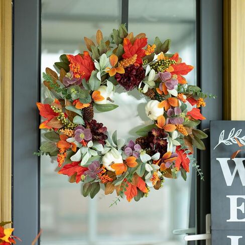 Fall Wreaths for Front Door, Sunflower Wreath with Pumpkins and Burlap Bows, Autumn Door Decor for Halloween Thanksgiving Farmhouse Holiday Indoor Outdoor Outside in Saudi Arabia