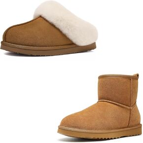 Litfun Women's Set of 2 Pairs - Fuzzy House Slippers (Size 8.5-9, Chestnut) - Suede Mini Boots (Size 8-8.5, Chestnut)