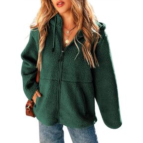 EVALESS Womens Fleece Jackets Solid Zip Up Coats Long Sleeve Fuzzy Hooded Jacket Outerwear With Pockets