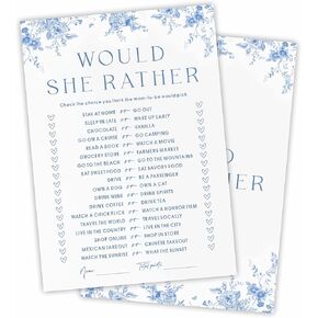 Baby Shower Game Cards Kit - Who Knows Mommy Best - 30 Blue Flower Theme Fill In Style Game Cards For Baby Announcement, Gender Reveal, Game For New Parents To Be, Party Favor & Supplies - A06
