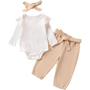 Lefyira Baby Girl Fall Romper Set Ribbed Knit Romper Newborn Bodysuit Solid Long Sleeve Tops Pants Set Infant Winter Clothes