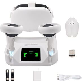 VR Charging Station for Quest 2/Meta Quest 2,Magnetic Charging Dock with 2 Rechargeable Batteries/USB-C Charger and Cable, White