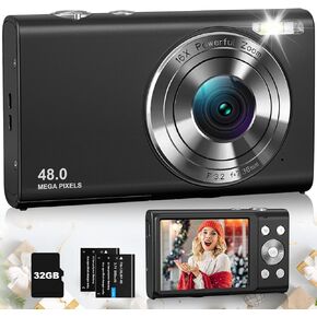 4K Digital Camera, 48MP Vlogging Camera for Photography and Video Autofocus Anti-Shake, Point and Shoot Digital Camera with 16X Zoom 32GB Card, Portable Compact Camera for Teens Adult Beginner-Black