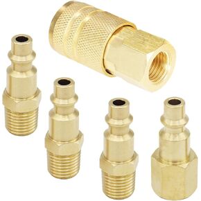Air Hose Fittings Universal Air Coupler and Industrial M Type Air Plug Kit, Solid Brass 1/4 Inch Body Size With 1/4 Inch NPT Threads For Air Tools Air Compressor Accessories (5 Pieces)