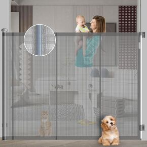 WAOWAO Reinforced 57"Tallx 55"Wide Retractable Cat Pet Dog Gate, Extra Wide Adjustable Mesh Baby Gate for Stairs Indoor,Extends to 55" Sturdy Easy to Use Baby Gate for Stairway,Outdoors,Hallway( Grey)