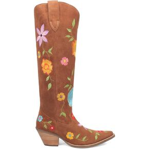 Dingo Womens Flower Power Embroidered Floral Snip Toe Casual Boots Over the Knee Mid Heel 2-3" - Brown