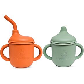 Silicone Transition Sippy Cup for 6+ month old | Includes 1 Toddler straw cup & 1 Baby Sippy Cup with Handles 5 oz| Silicone Baby Cups | Perfect for Baby Led Weaning (Autumn/Mint, 5 oz)