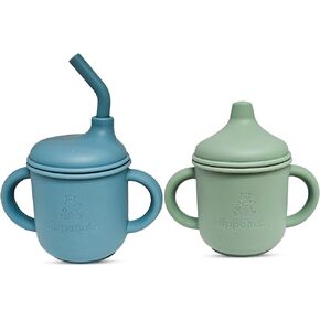 Silicone Transition Sippy Cup for 6+ month old | Includes 1 Toddler straw cup & 1 Baby Sippy Cup with Handles 5 oz| Silicone Baby Cups | Perfect for Baby Led Weaning (Autumn/Mint, 5 oz) in Kuwait