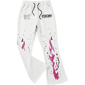 OYOANGLE Men's Graphic Print Drawstring Waist Flared Pants Loose Fit Bell Bottom Trousers Streetwear