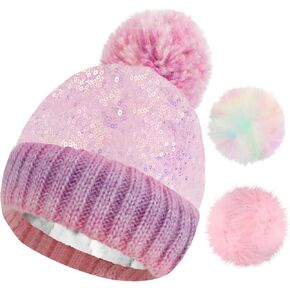 Kids Multicolor Sequins Beanie Hat, Detachable Pom Beanie Winter Knit Hat Skull Cap for Girls 2-6 Years (with 3 Poms)