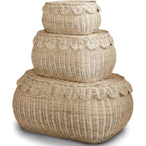 Large Scalloped Basket Set Of 3 - Hand Woven Scallop Basket - 22 x 16 x 10 In - Scalloped Wicker Basket - Scalloped Edge Basket - Scalloped Storage Basket (Natural)