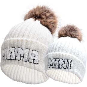 Child Kids Baby Beanies Hat Mama and Mini Embroidery Knitted Hat Winter Warm Cuffed Ski Skull Cap