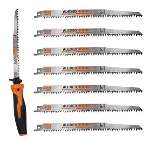 8 Pack 12 Inch 5 Tpi Wood Pruning Reciprocating Saw Blades for Tree Trimming and Wet Wood Cutting, Cr-V Sawzall Blades with Fleam-Ground Teeth for Longer Life and Faster Cutting Speed, 1 x Handle