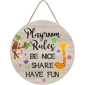 Playroom rules Door Decor Sign, Be Nice Share Have Fun, Nursery Door Sign for Baby Toddler Wood Farmhouse Hanging Kids Bedroom Living Room Wall Decor Sign Plaque, Gifts for Newborn Baby Boy Girl