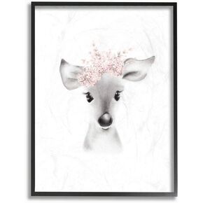 Stupell Industries Sketched Fluffy Deer Flowers, Design by Studio Q White Framed Wall Art, 11 x 14, Pink
