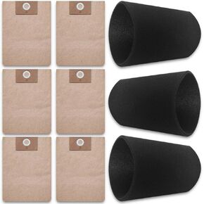 25-1230 Disposable Filter Bag and 25-1202 Foam Filter Replacement: for Stanley 4-5 Gallon Wet/Dry Vacuum SL18129 SL18130P SL18133, 6 Vacuum Bags+3 Foam Filters Set