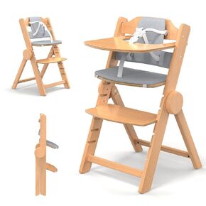 High Chair and Cushion with Tray, Convertible Wooden High Chairs for Babies & Toddlers,Foldable High Chair with Five-Point Safety Harness,Easy to Clean, 6 Months up to 200 Lb