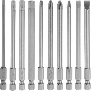 HARFINGTON 10pcs Screwdriver Bit Set SL4/5/6 H3/4/5/6 PH2(4.0/5.0/6.0) S2 Steel 1/4" Hex Shank 4" Length Magnetic Slotted Flat Phillips Cross Hex Head Power Drill Bits