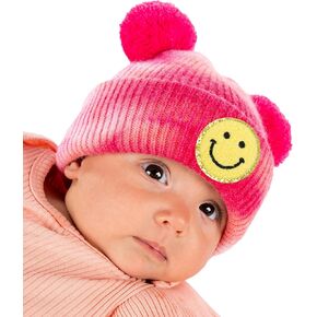 Funky Junque Infant Beanie Baby Girl Boy Tie Dye Winter Hats Double Pom Pom Smiley Face Cute Warm Caps