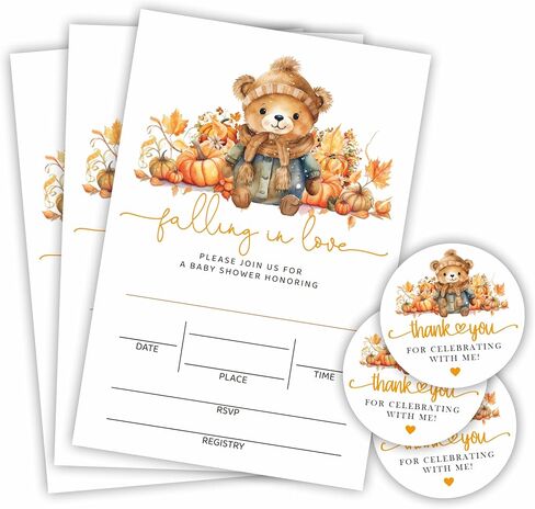Autumn Bear Baby Shower Invitation Sets - Falling In Love - 20 Baby Shower Invitations With Envelopes & 20 Thank You Stickers For Gift Wrapping, Baby Announcement, Gender Reveal Party Supplies- E02 in Saudi Arabia
