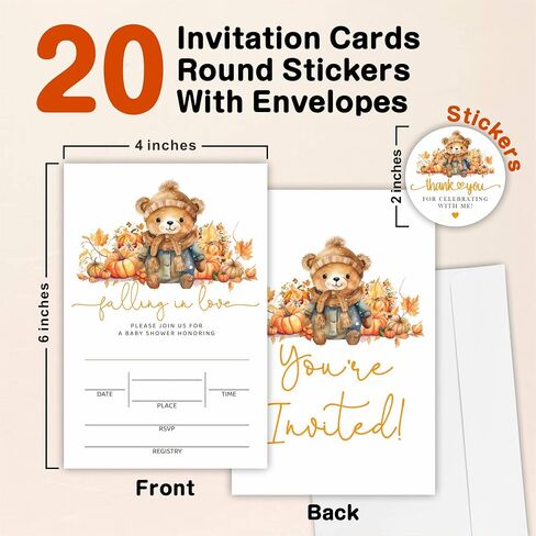 Autumn Bear Baby Shower Invitation Sets - Falling In Love - 20 Baby Shower Invitations With Envelopes & 20 Thank You Stickers For Gift Wrapping, Baby Announcement, Gender Reveal Party Supplies- E02 in Saudi Arabia