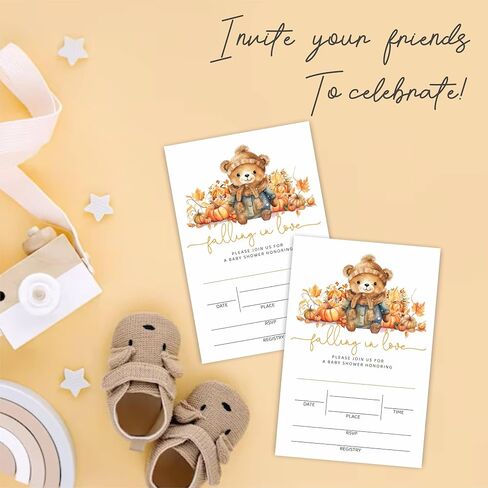 Autumn Bear Baby Shower Invitation Sets - Falling In Love - 20 Baby Shower Invitations With Envelopes & 20 Thank You Stickers For Gift Wrapping, Baby Announcement, Gender Reveal Party Supplies- E02 in Saudi Arabia