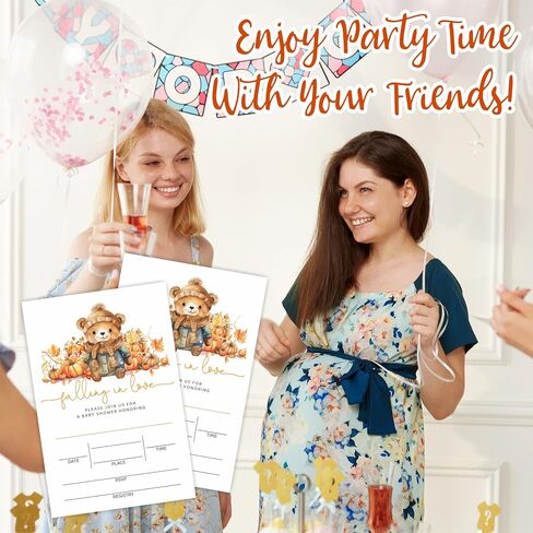 Autumn Bear Baby Shower Invitation Sets - Falling In Love - 20 Baby Shower Invitations With Envelopes & 20 Thank You Stickers For Gift Wrapping, Baby Announcement, Gender Reveal Party Supplies- E02 in Saudi Arabia