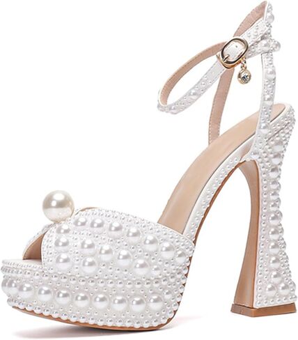 Minishion Womens Platform Wedding Shoes Slingback High Heel Party Evening Sandals with Pearl in Kuwait