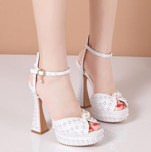 Minishion Womens Platform Wedding Shoes Slingback High Heel Party Evening Sandals with Pearl in Kuwait