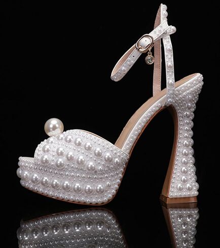 Minishion Womens Platform Wedding Shoes Slingback High Heel Party Evening Sandals with Pearl in Kuwait