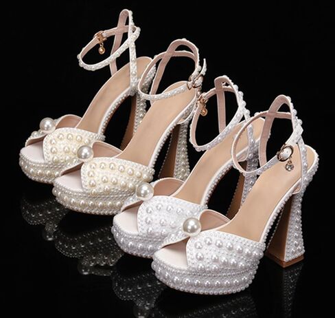 Minishion Womens Platform Wedding Shoes Slingback High Heel Party Evening Sandals with Pearl in Kuwait