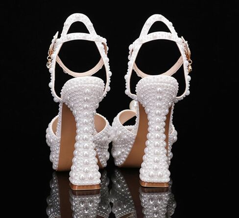 Minishion Womens Platform Wedding Shoes Slingback High Heel Party Evening Sandals with Pearl in Kuwait