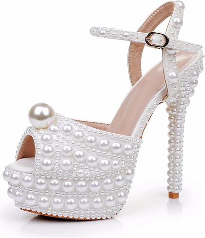 Minishion Womens Platform Wedding Shoes Slingback High Heel Party Evening Sandals with Pearl in Kuwait