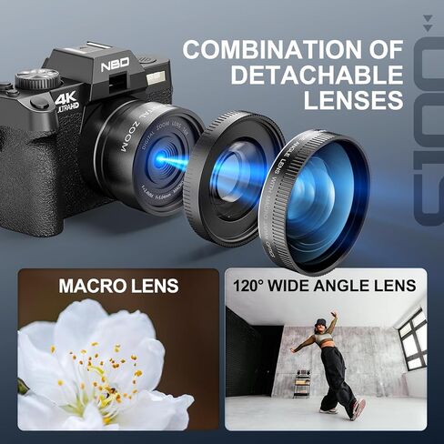 كاميرات NBD الرقمية 4K للتصوير الفوتوغرافي - كاميرا تصوير فوتوغرافي للسفر ومدونات فيديو على YouTube بدقة 48 ميجابكسل مع ميكروفون، تكبير رقمي 16X، حامل جلدي وحزام، بطاقة SD 32 جيجابايت وعدسة ماكرو واسعة الزاوية-S100-DPT in Kuwait