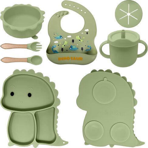 Baby Feeding Essentials Silicone Set, Baby Led Weaning Supplies - Includes Suction Plate-Bowl, Adjustable Bib, Spoon & Fork - Perfect for Mess-Free Meals (Green-Dino, 7PC) in Saudi Arabia