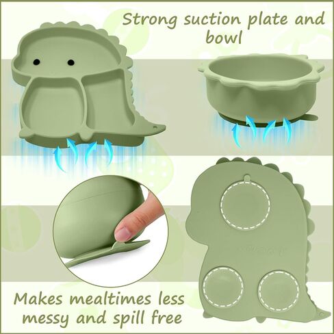 Baby Feeding Essentials Silicone Set, Baby Led Weaning Supplies - Includes Suction Plate-Bowl, Adjustable Bib, Spoon & Fork - Perfect for Mess-Free Meals (Green-Dino, 7PC) in Saudi Arabia
