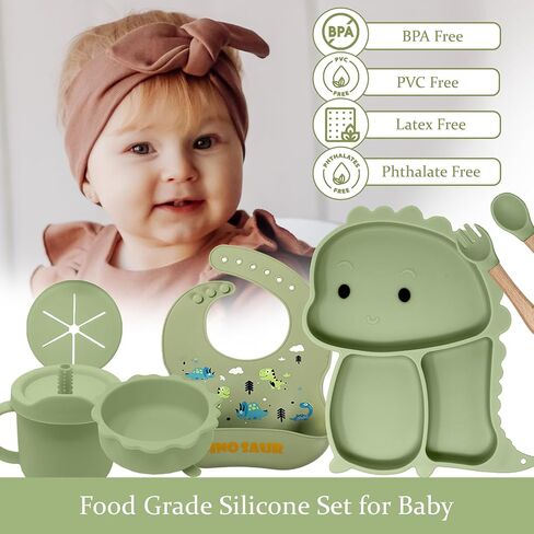 Baby Feeding Essentials Silicone Set, Baby Led Weaning Supplies - Includes Suction Plate-Bowl, Adjustable Bib, Spoon & Fork - Perfect for Mess-Free Meals (Green-Dino, 7PC) in Saudi Arabia