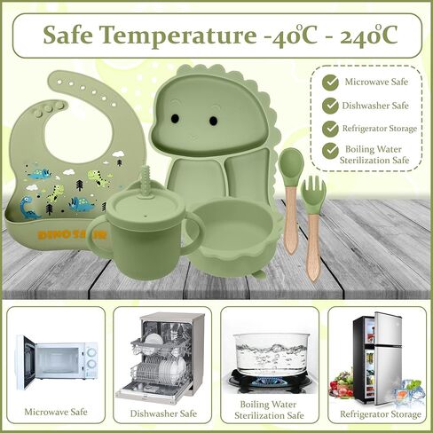 Baby Feeding Essentials Silicone Set, Baby Led Weaning Supplies - Includes Suction Plate-Bowl, Adjustable Bib, Spoon & Fork - Perfect for Mess-Free Meals (Green-Dino, 7PC) in Saudi Arabia