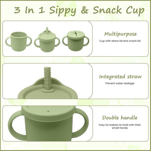 Baby Feeding Essentials Silicone Set, Baby Led Weaning Supplies - Includes Suction Plate-Bowl, Adjustable Bib, Spoon & Fork - Perfect for Mess-Free Meals (Green-Dino, 7PC) in Saudi Arabia
