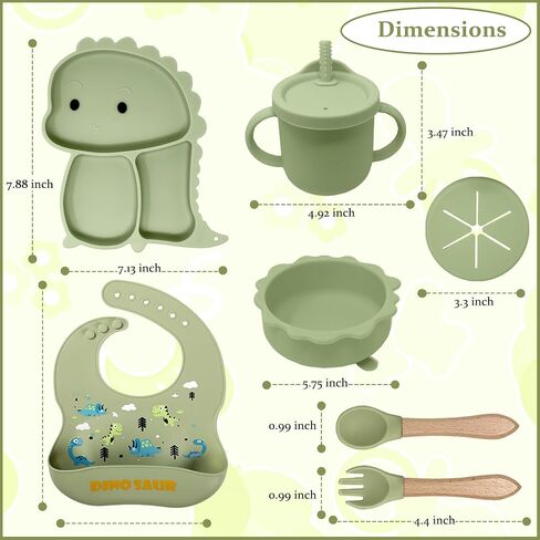 Baby Feeding Essentials Silicone Set, Baby Led Weaning Supplies - Includes Suction Plate-Bowl, Adjustable Bib, Spoon & Fork - Perfect for Mess-Free Meals (Green-Dino, 7PC) in Saudi Arabia