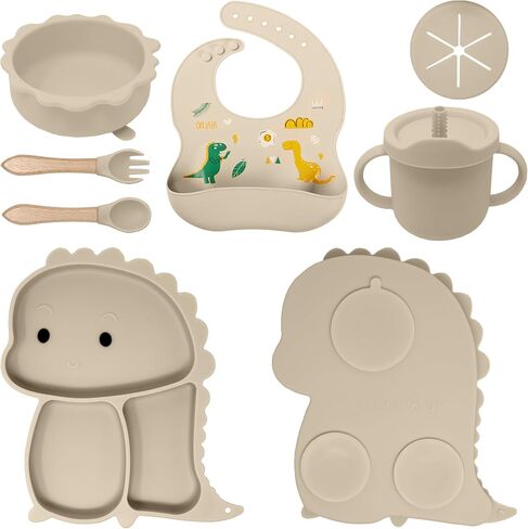 Baby Feeding Essentials Silicone Set, Baby Led Weaning Supplies - Includes Suction Plate-Bowl, Adjustable Bib, Spoon & Fork - Perfect for Mess-Free Meals (Green-Dino, 7PC) in Saudi Arabia