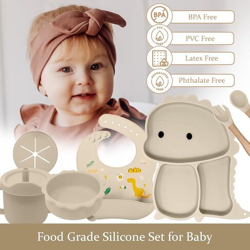 Baby Feeding Essentials Silicone Set, Baby Led Weaning Supplies - Includes Suction Plate-Bowl, Adjustable Bib, Spoon & Fork - Perfect for Mess-Free Meals (Green-Dino, 7PC) in Saudi Arabia