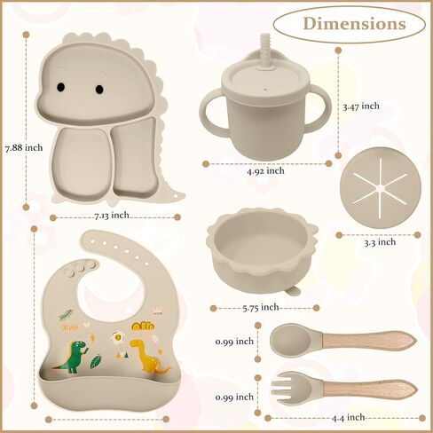 Baby Feeding Essentials Silicone Set, Baby Led Weaning Supplies - Includes Suction Plate-Bowl, Adjustable Bib, Spoon & Fork - Perfect for Mess-Free Meals (Green-Dino, 7PC) in Saudi Arabia