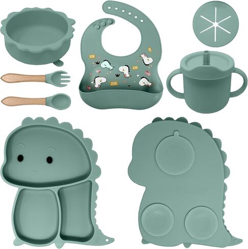 Baby Feeding Essentials Silicone Set, Baby Led Weaning Supplies - Includes Suction Plate-Bowl, Adjustable Bib, Spoon & Fork - Perfect for Mess-Free Meals (Green-Dino, 7PC) in Saudi Arabia