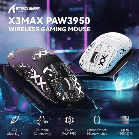 MANBASNAKE Attack Shark X3MAX 49g Wireless Supelight Mouse, BT/2.4G Wireless/Wired Gaming Mouse, PAW3950 42K DPI Optical Sensor, 200h Battery, Programmable Mouse for PC/Mac (White) in Saudi Arabia